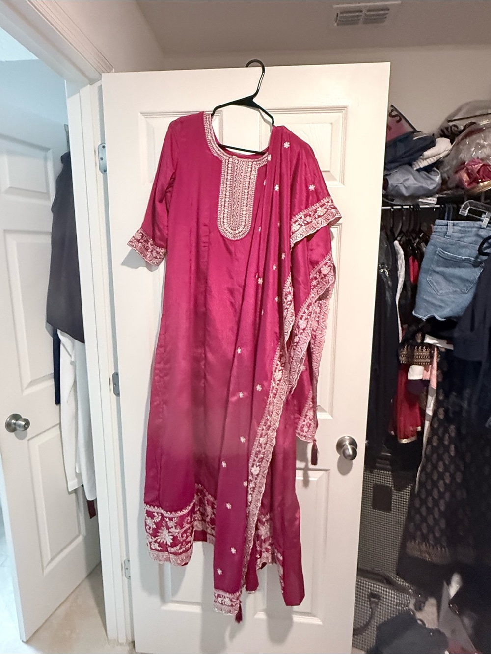 India Boutique Fuchsia Embroidered Long Sleeve Traditional Dress with Dupatta